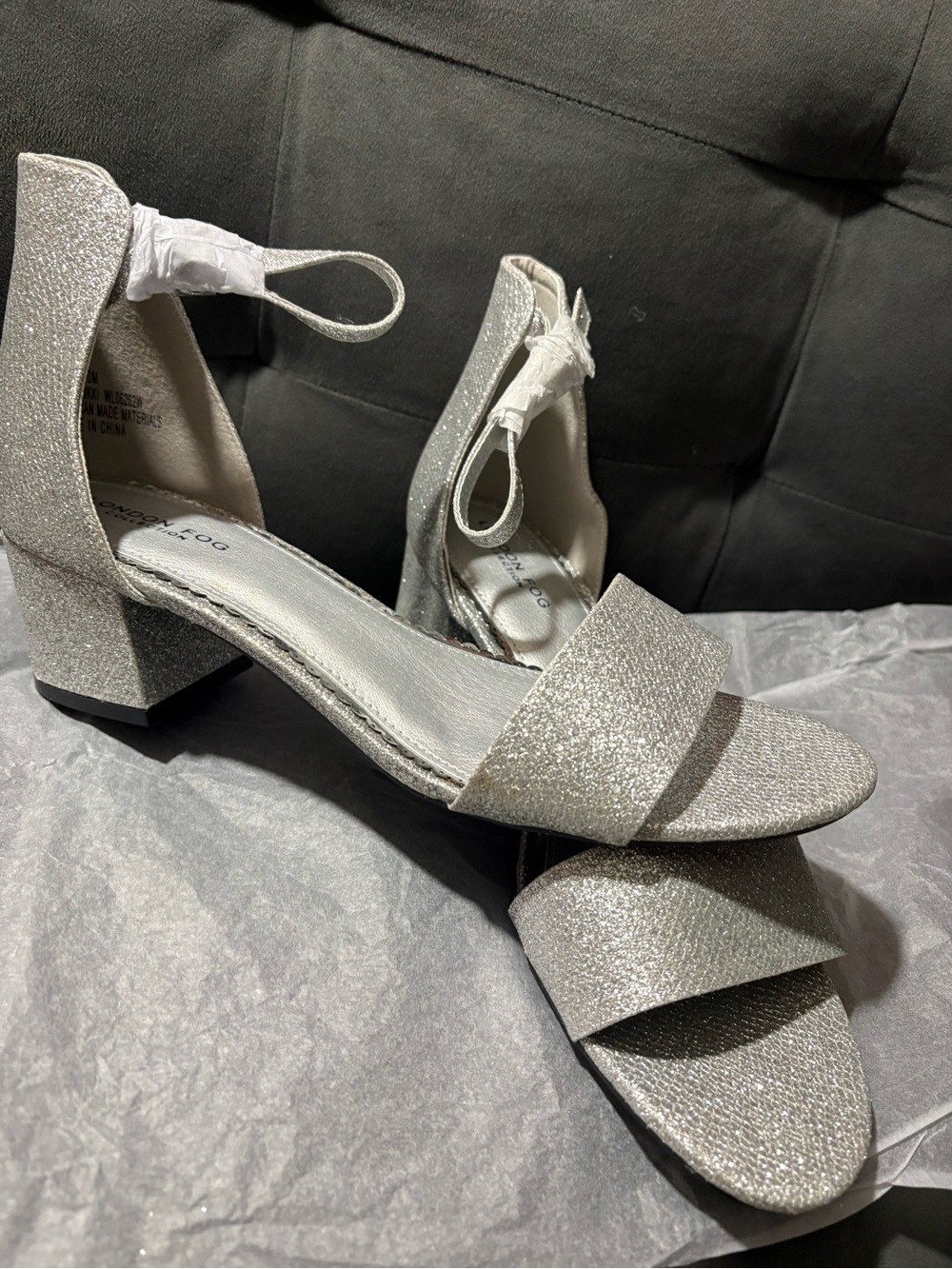 London Fog silver glitter ankle strap block heel sandals women Size 10